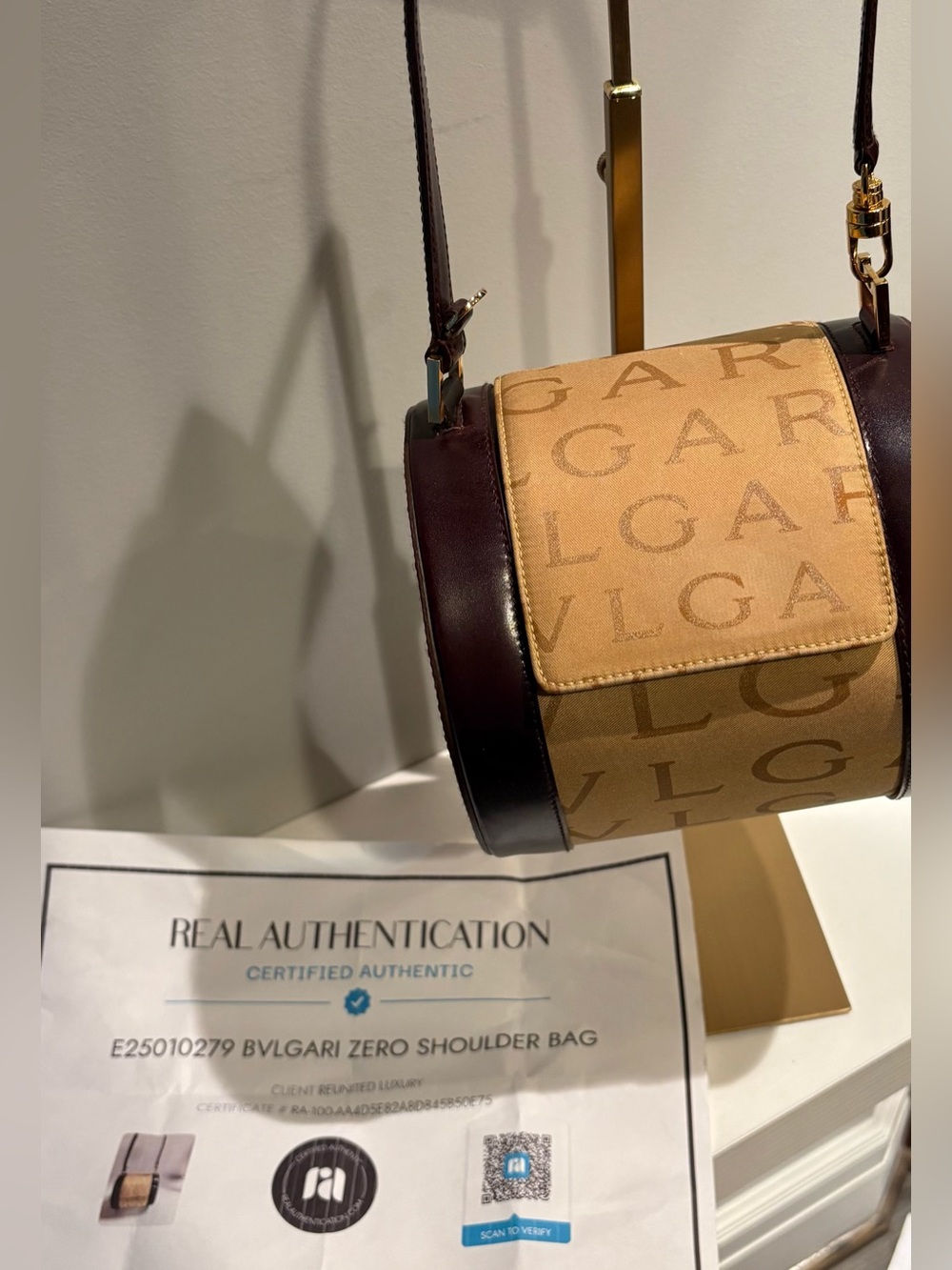 Bulgari Tan and Brown Monogram Cylinder barrel purse Shoulder Bag AS IS ! Coa